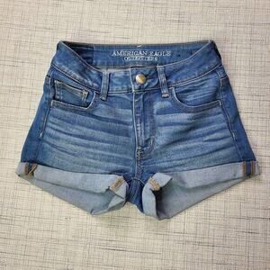 American Eagle Women's Hi-Rise Folded Hem Denim Shortie Shorts In‎ Blue Size 00